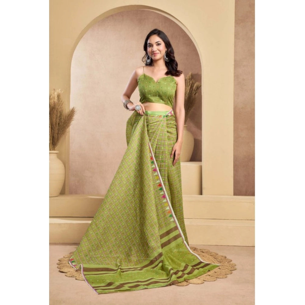 Designer Women's Faux Linen Printed Ready-to-Wear Saree With Blouse Piece (Olive)