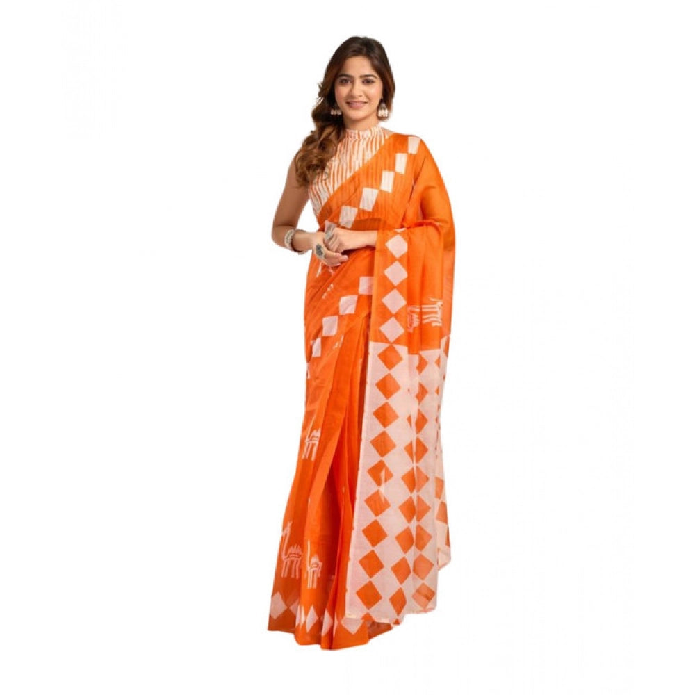 Designer Women's Faux Linen Printed Ready-to-Wear Saree With Blouse Piece (Orange)