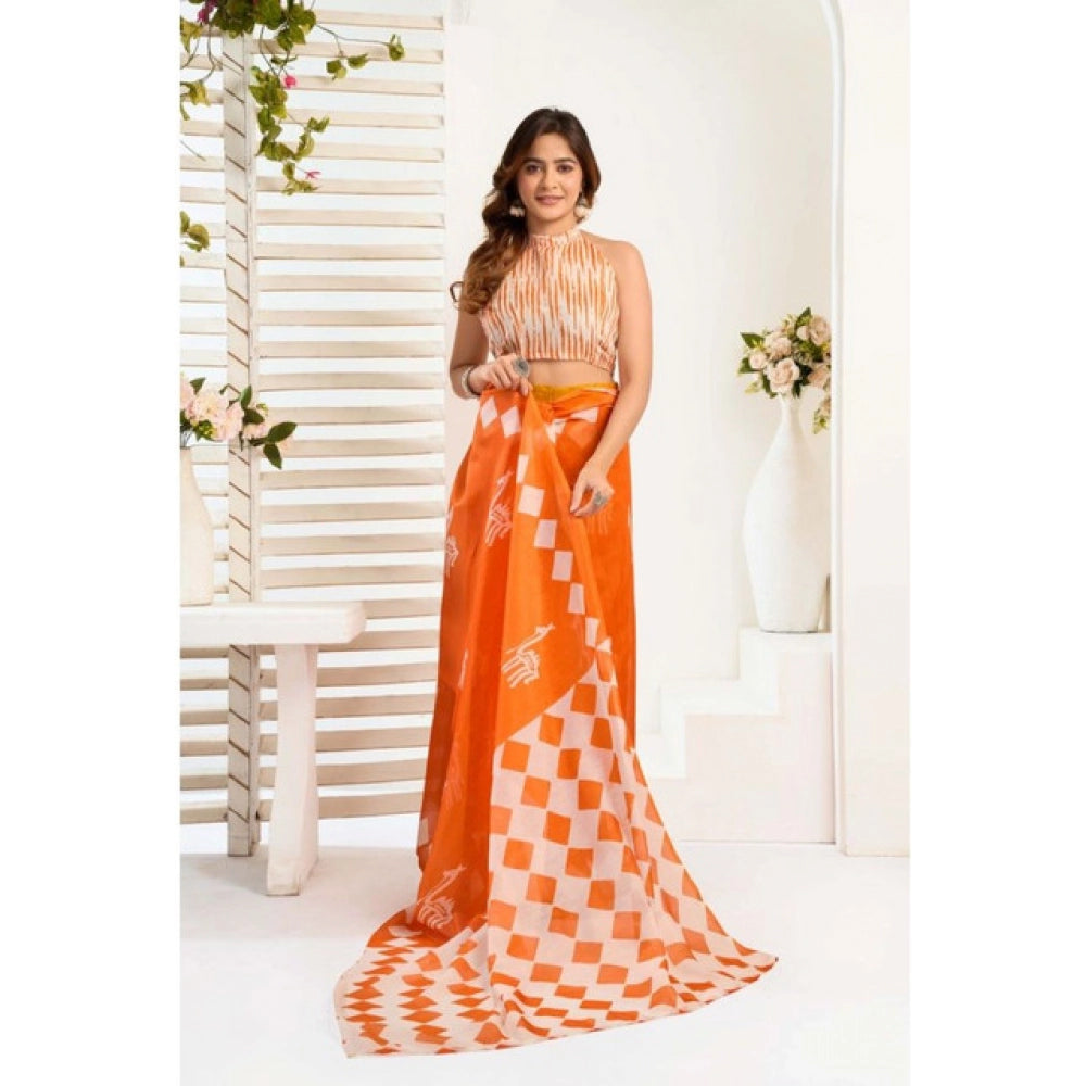 Designer Women's Faux Linen Printed Ready-to-Wear Saree With Blouse Piece (Orange)