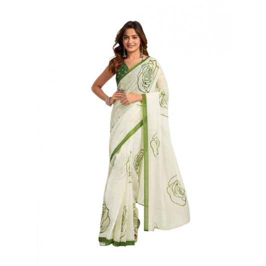 Designer Women's Faux Linen Printed Ready-to-Wear Saree With Blouse Piece (White)