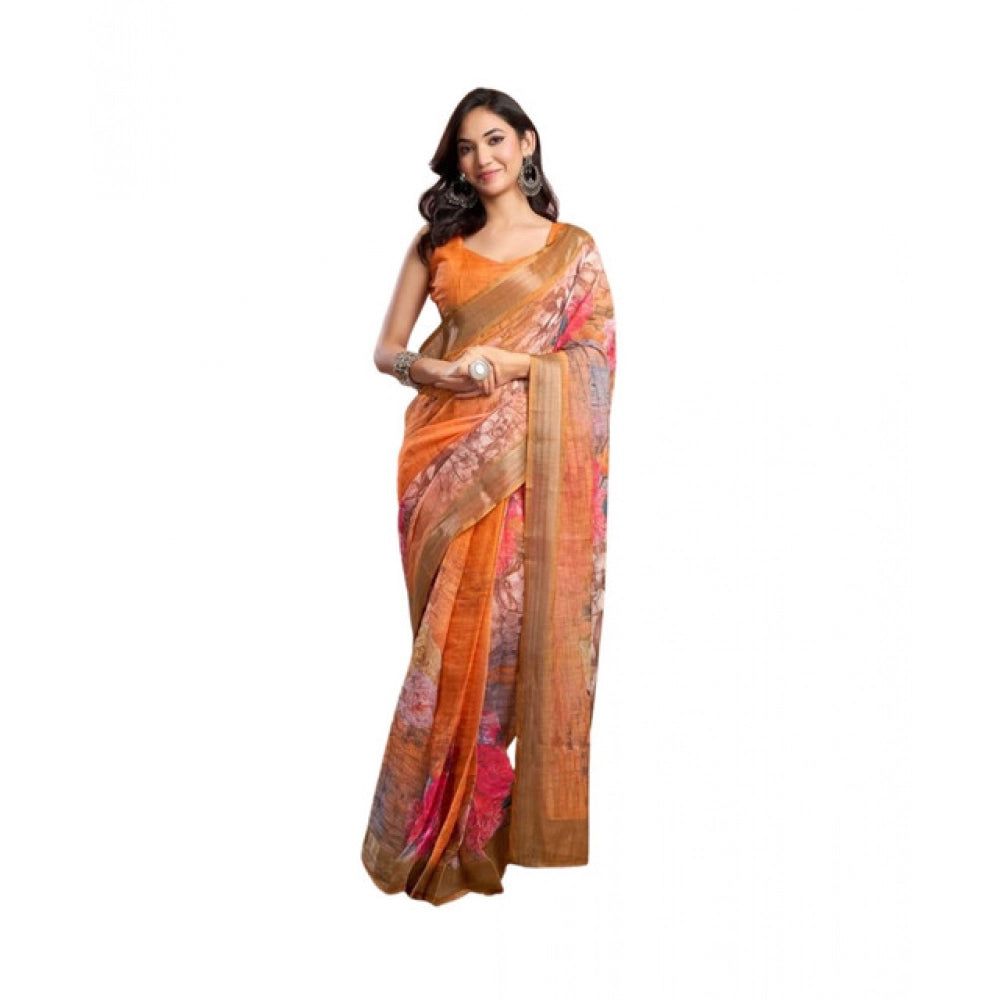 Designer Women's Faux Linen Printed Ready-to-Wear Saree With Blouse Piece (Orange)