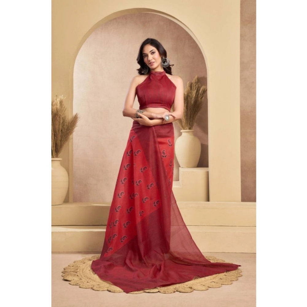 Designer Women's Faux Linen Printed Ready-to-Wear Saree With Blouse Piece (Red)