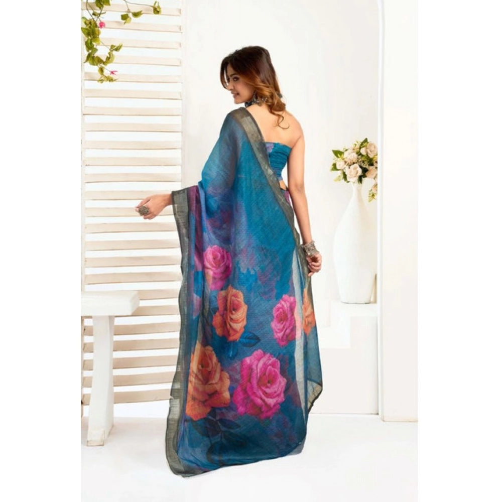 Designer Women's Faux Linen Printed Ready-to-Wear Saree With Blouse Piece (Teal)