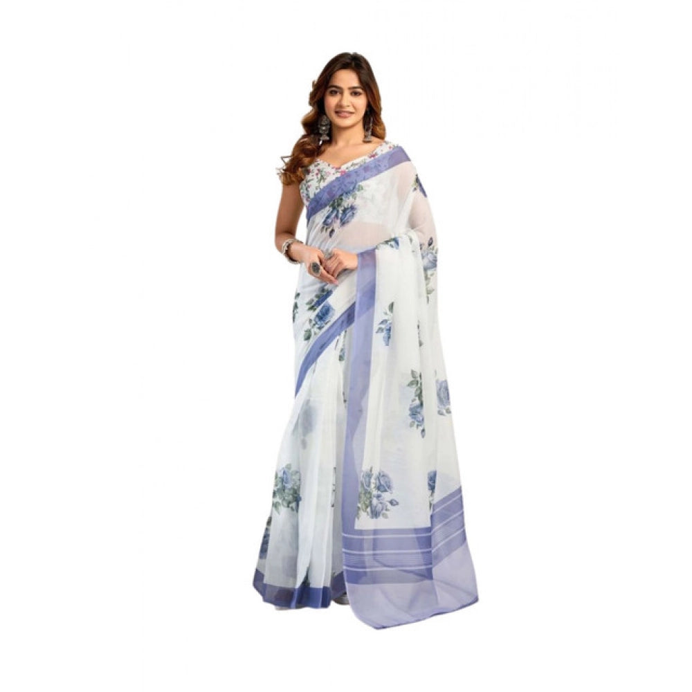 Designer Women's Faux Linen Printed Ready-to-Wear Saree With Blouse Piece (White)