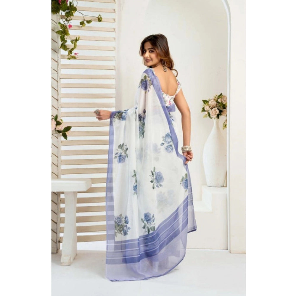 Designer Women's Faux Linen Printed Ready-to-Wear Saree With Blouse Piece (White)