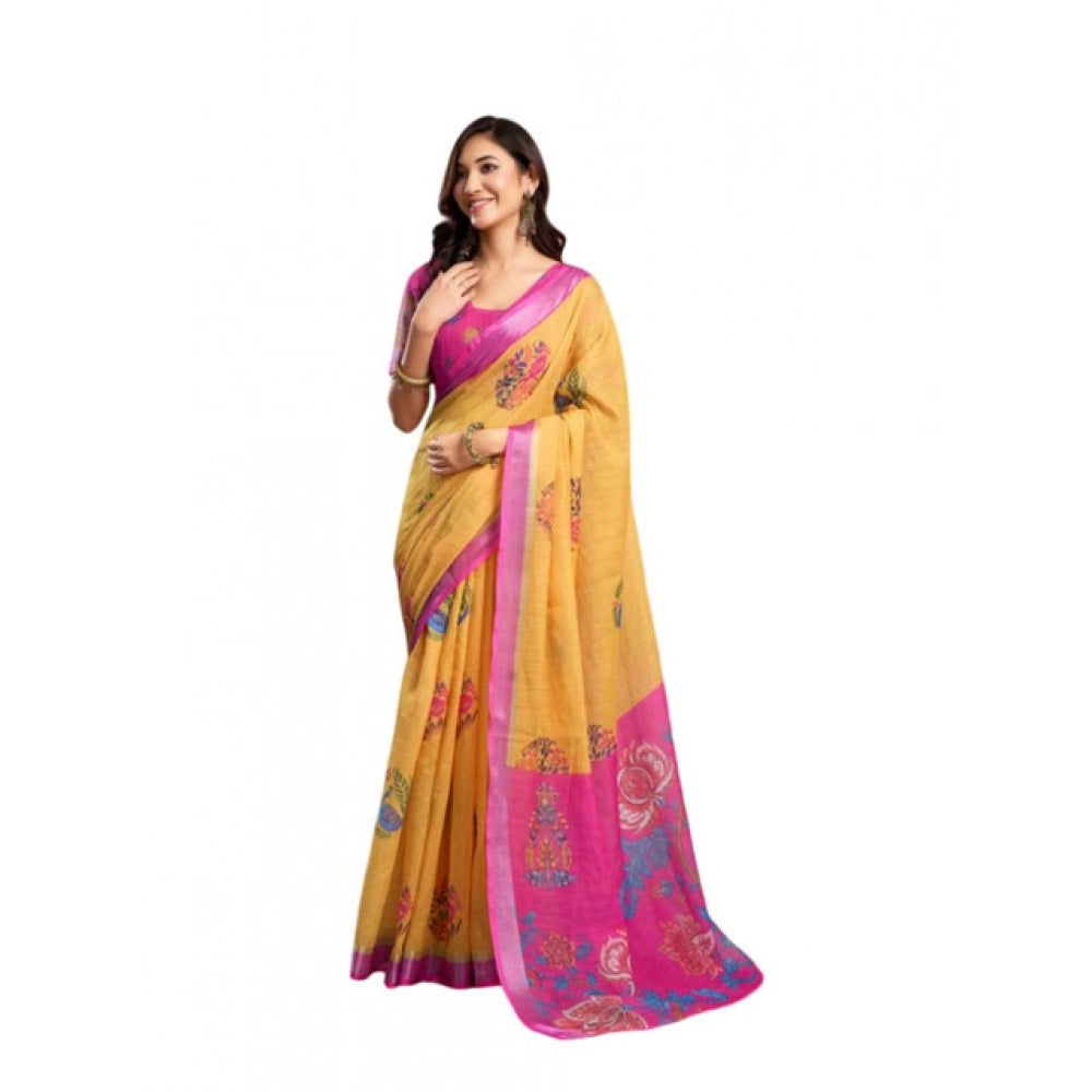 Designer Women's Faux Linen Printed Ready-to-Wear Saree With Blouse Piece (Yellow)