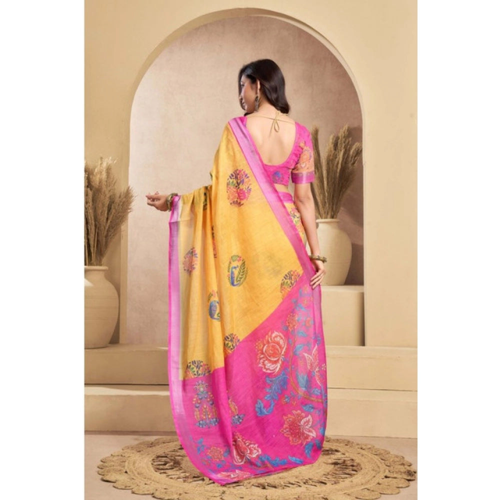 Designer Women's Faux Linen Printed Ready-to-Wear Saree With Blouse Piece (Yellow)
