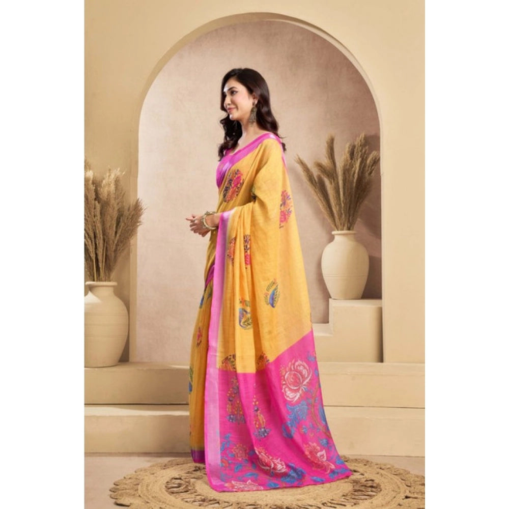 Designer Women's Faux Linen Printed Ready-to-Wear Saree With Blouse Piece (Yellow)