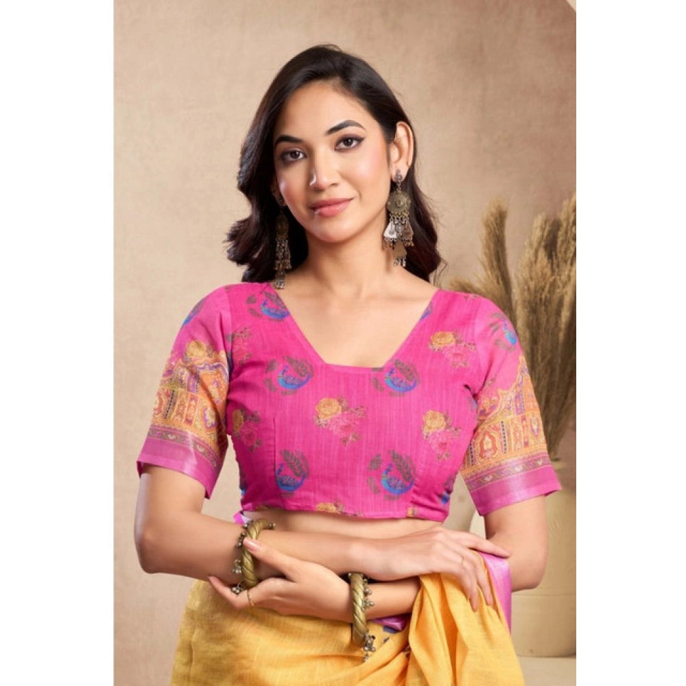 Designer Women's Faux Linen Printed Ready-to-Wear Saree With Blouse Piece (Yellow)