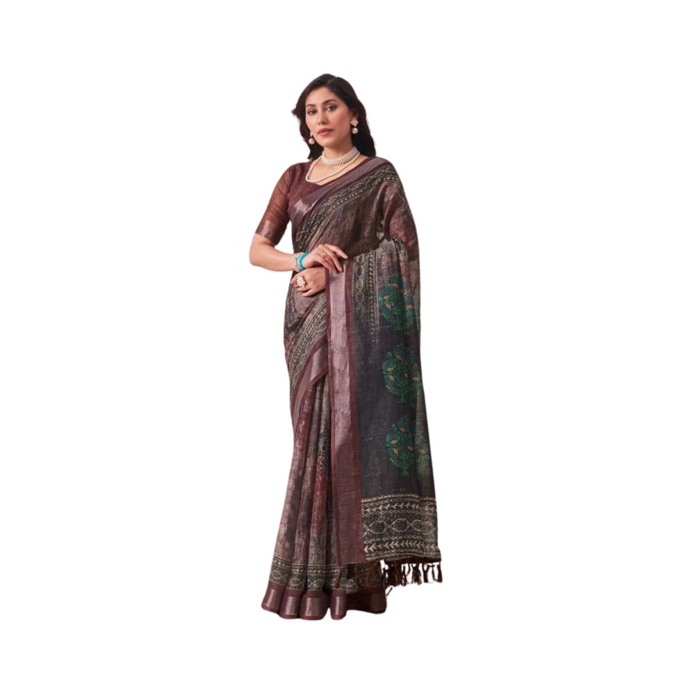 Stunning Women's Faux Linen Printed Saree With Blouse Piece