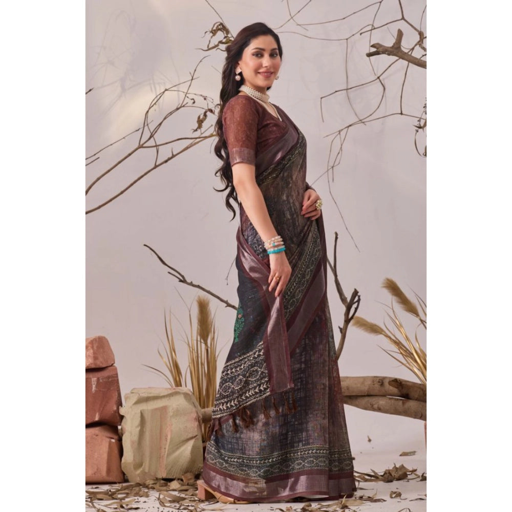 Stunning Women's Faux Linen Printed Saree With Blouse Piece