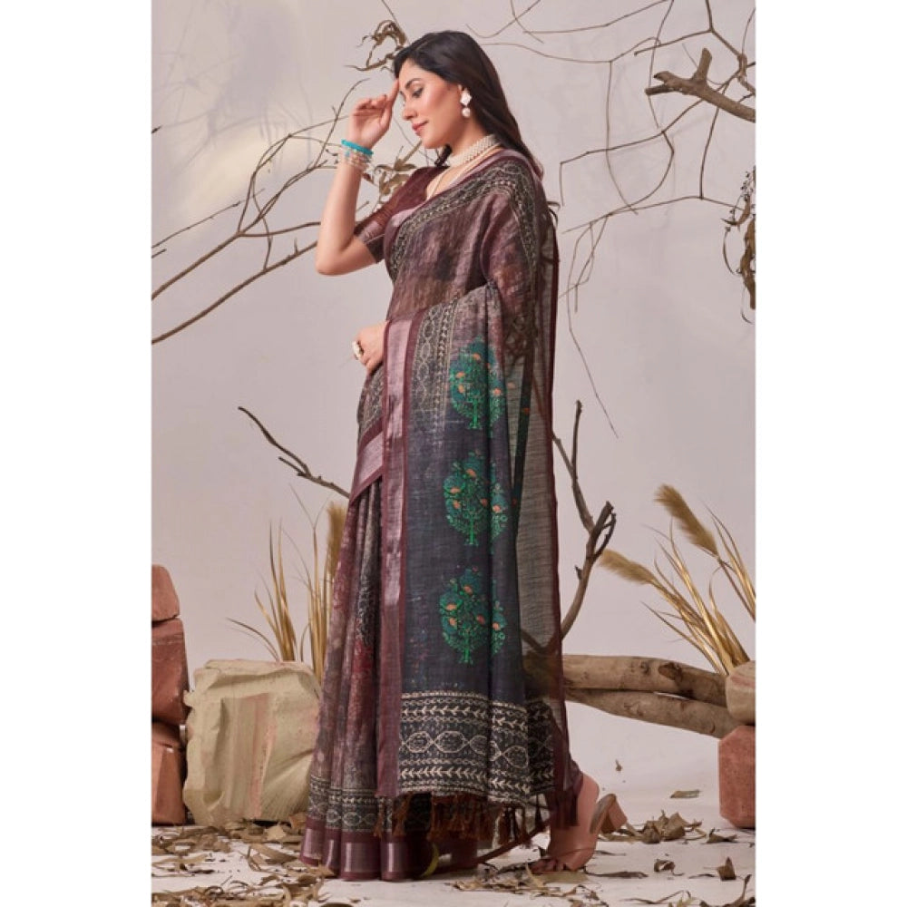 Stunning Women's Faux Linen Printed Saree With Blouse Piece