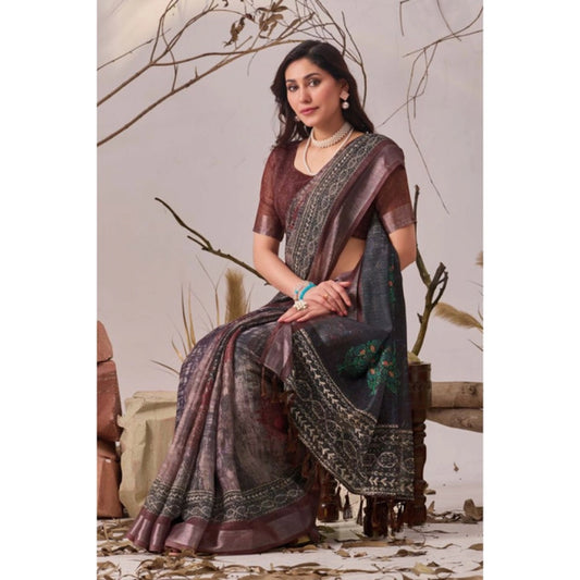 Stunning Women's Faux Linen Printed Saree With Blouse Piece