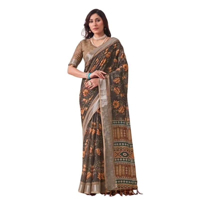 Stunning Women's Faux Linen Printed Saree With Blouse Piece