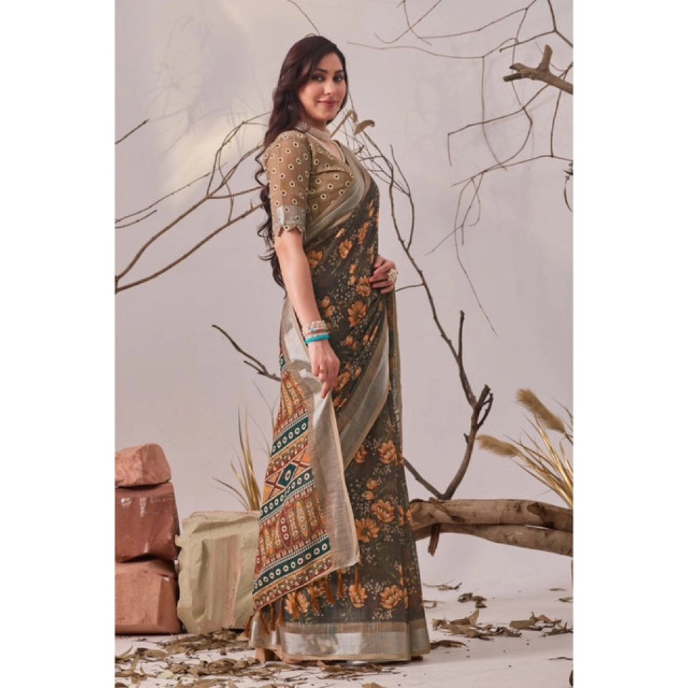 Stunning Women's Faux Linen Printed Saree With Blouse Piece