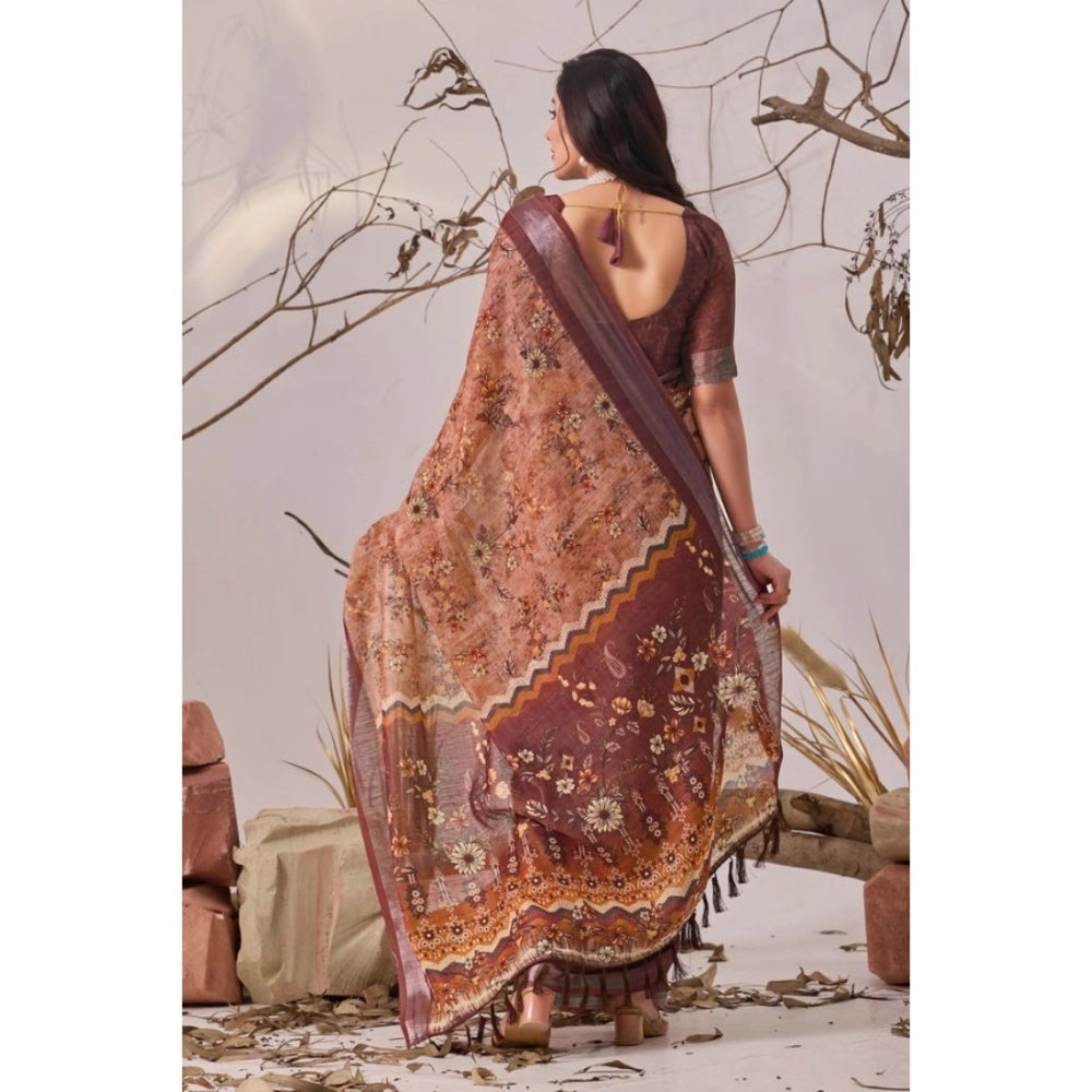 Stunning Women's Faux Linen Printed Saree With Blouse Piece