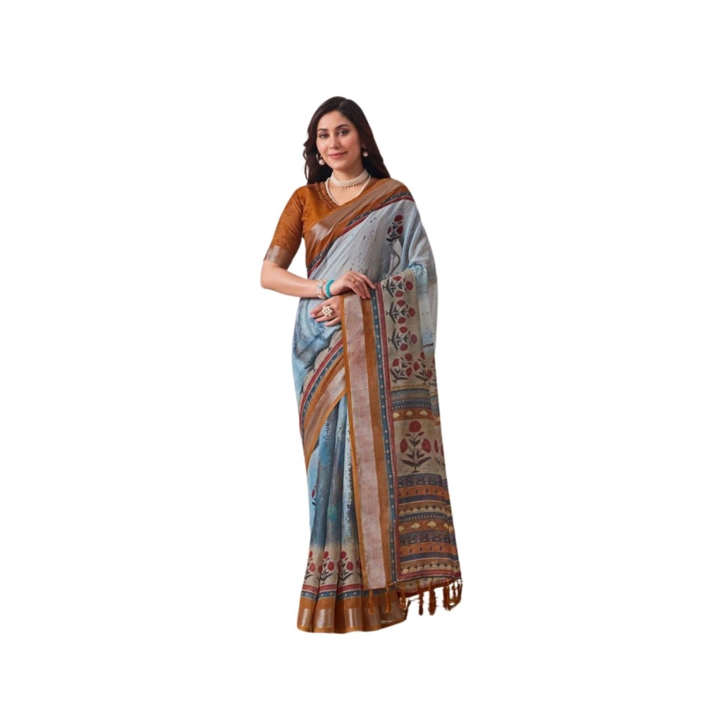 Stunning Women's Faux Linen Printed Saree With Blouse Piece