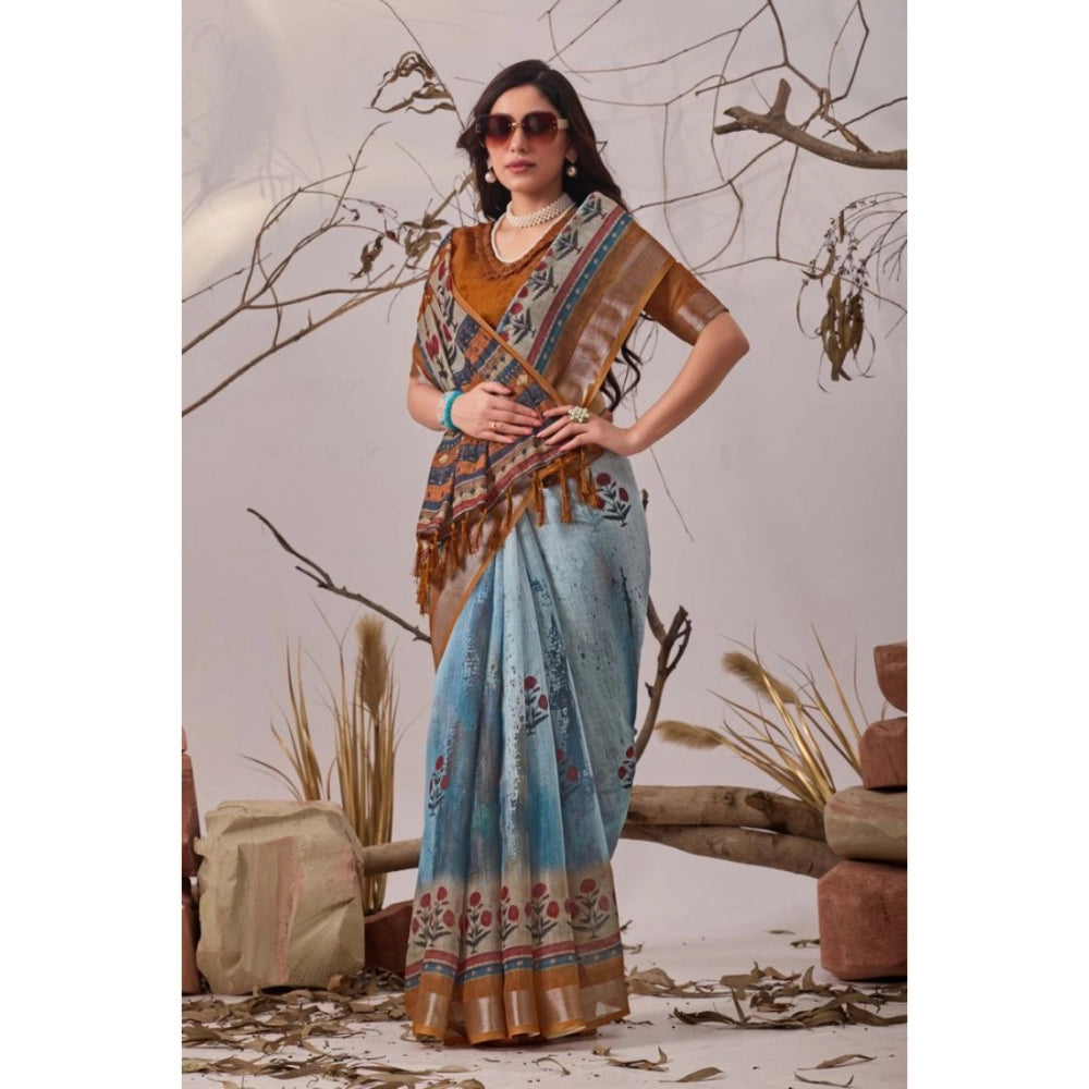Stunning Women's Faux Linen Printed Saree With Blouse Piece
