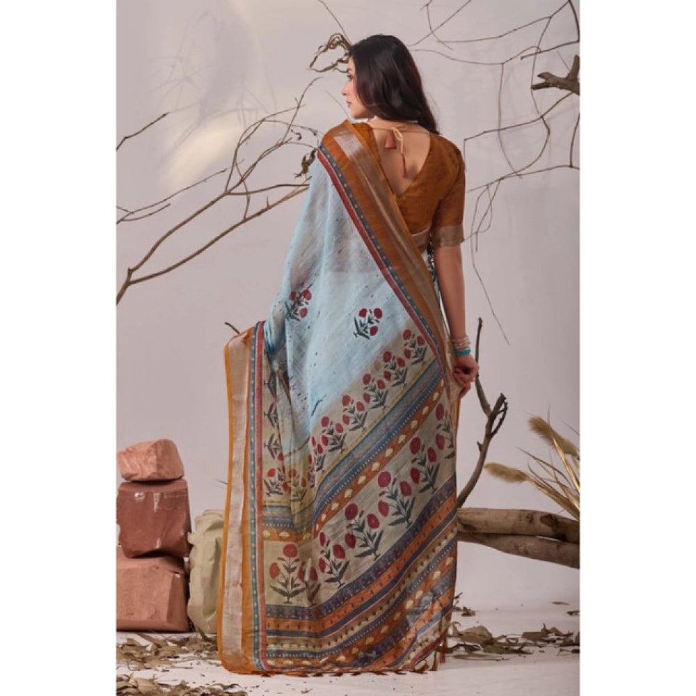 Stunning Women's Faux Linen Printed Saree With Blouse Piece