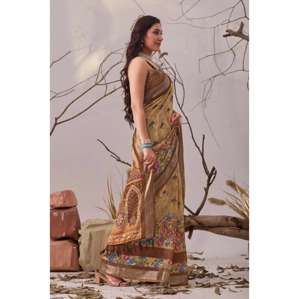 Stunning Women's Faux Linen Printed Saree With Blouse Piece