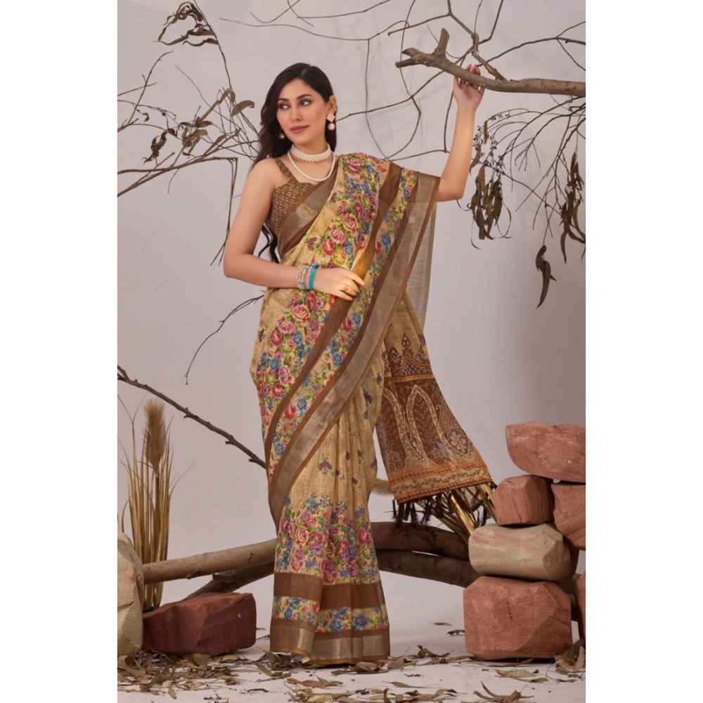 Stunning Women's Faux Linen Printed Saree With Blouse Piece