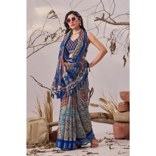 Stunning Women's Faux Linen Printed Saree With Blouse Piece