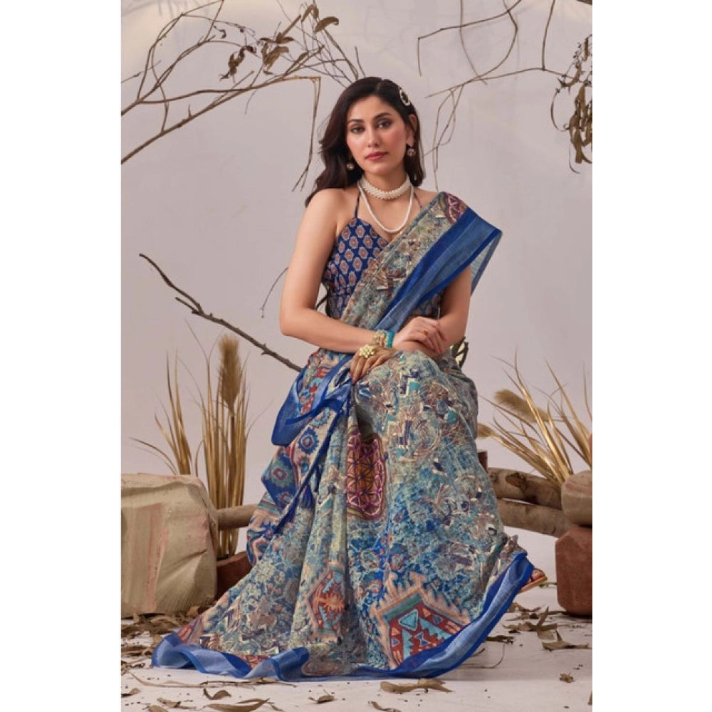Stunning Women's Faux Linen Printed Saree With Blouse Piece