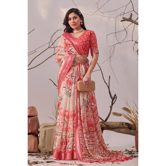 Stunning Women's Faux Linen Printed Saree With Blouse Piece