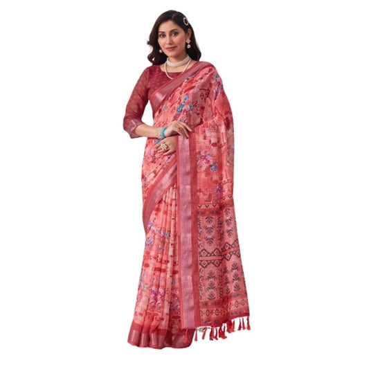 Stunning Women's Faux Linen Printed Saree With Blouse Piece