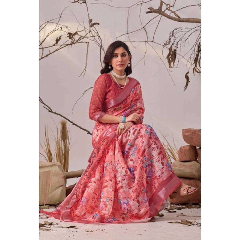 Stunning Women's Faux Linen Printed Saree With Blouse Piece
