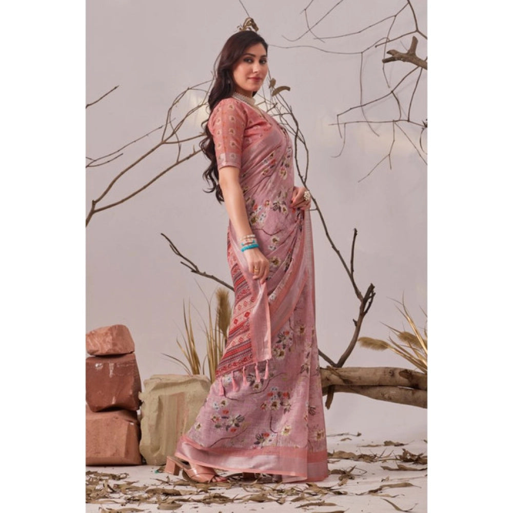 Stunning Women's Faux Linen Printed Saree With Blouse Piece