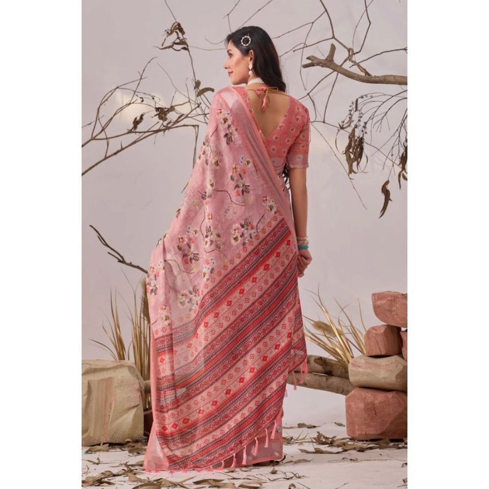 Stunning Women's Faux Linen Printed Saree With Blouse Piece