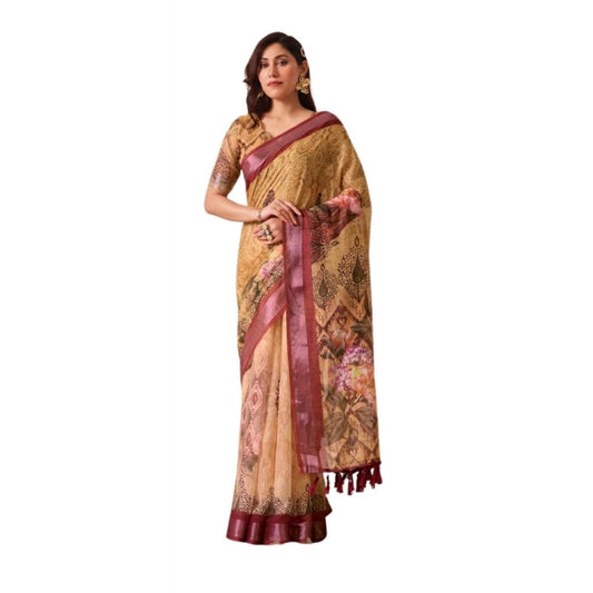 Stunning Women's Faux Linen Printed Saree With Blouse Piece