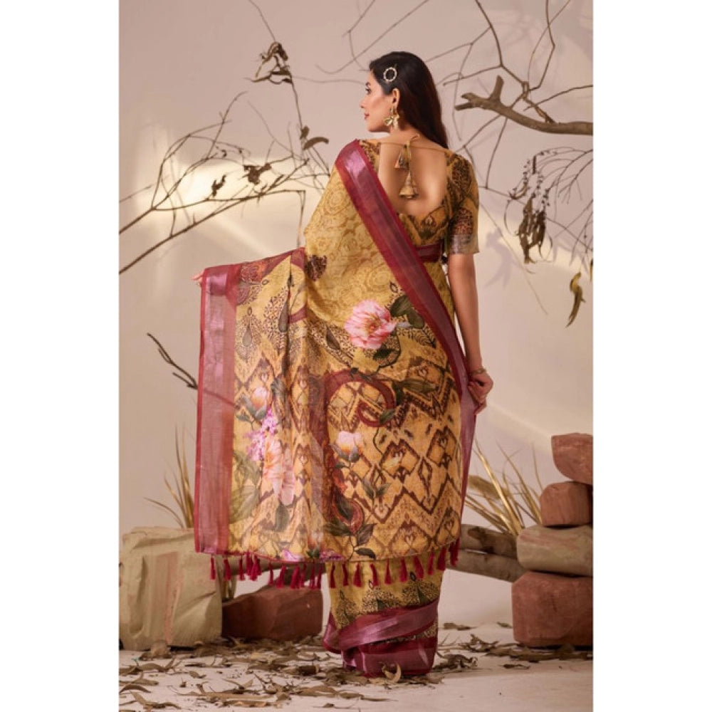 Stunning Women's Faux Linen Printed Saree With Blouse Piece