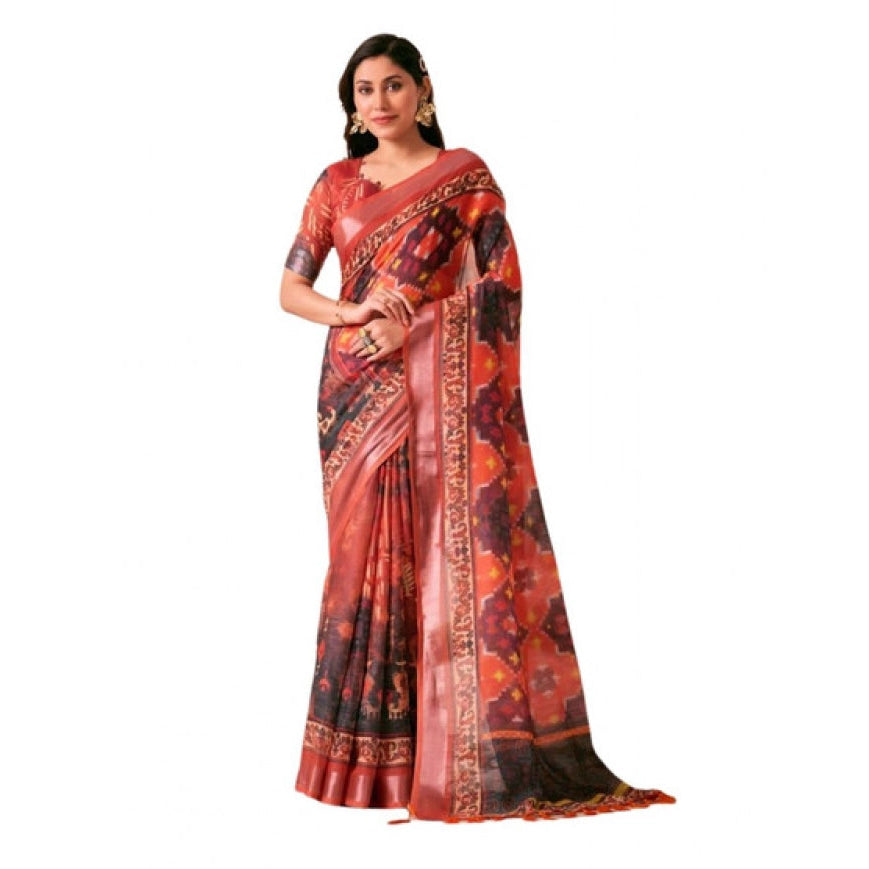 Stunning Women's Faux Linen Printed Saree With Blouse Piece