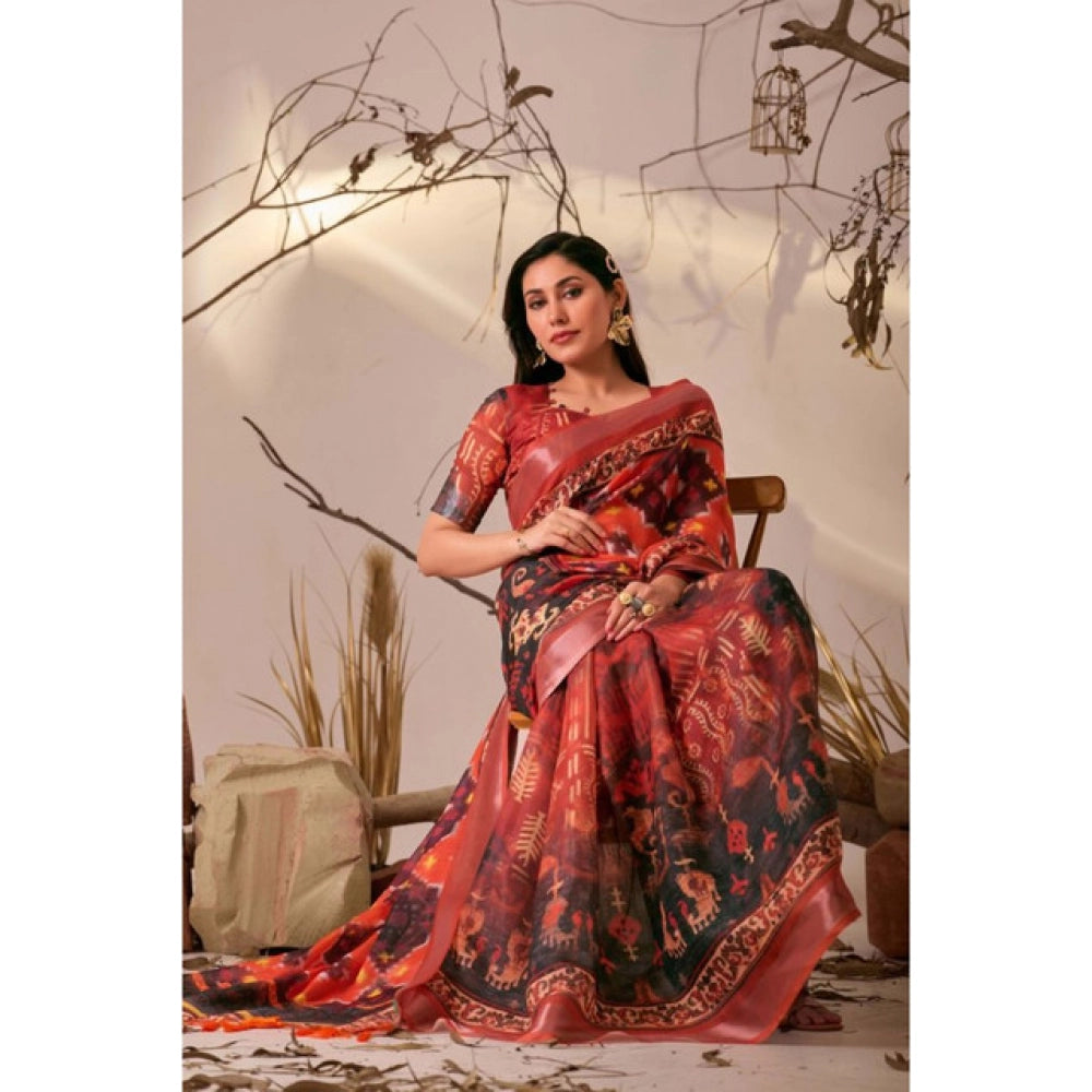 Stunning Women's Faux Linen Printed Saree With Blouse Piece