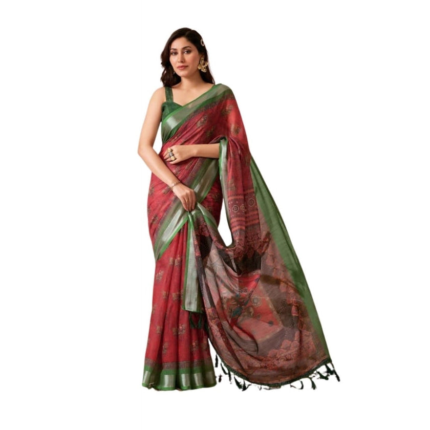 Stunning Women's Faux Linen Printed Saree With Blouse Piece