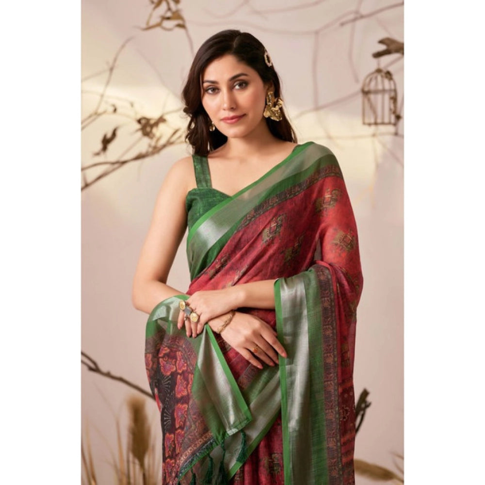 Stunning Women's Faux Linen Printed Saree With Blouse Piece
