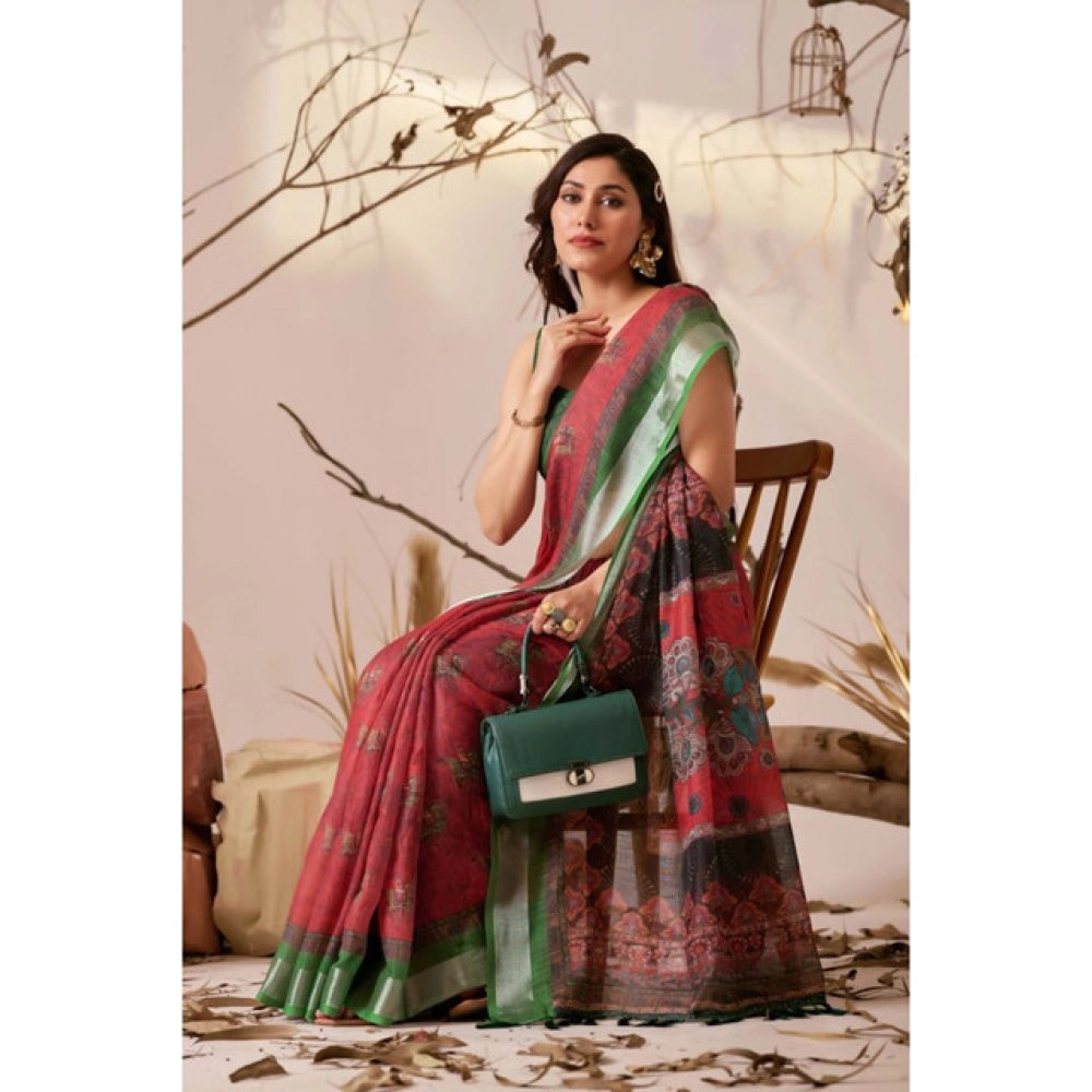 Stunning Women's Faux Linen Printed Saree With Blouse Piece