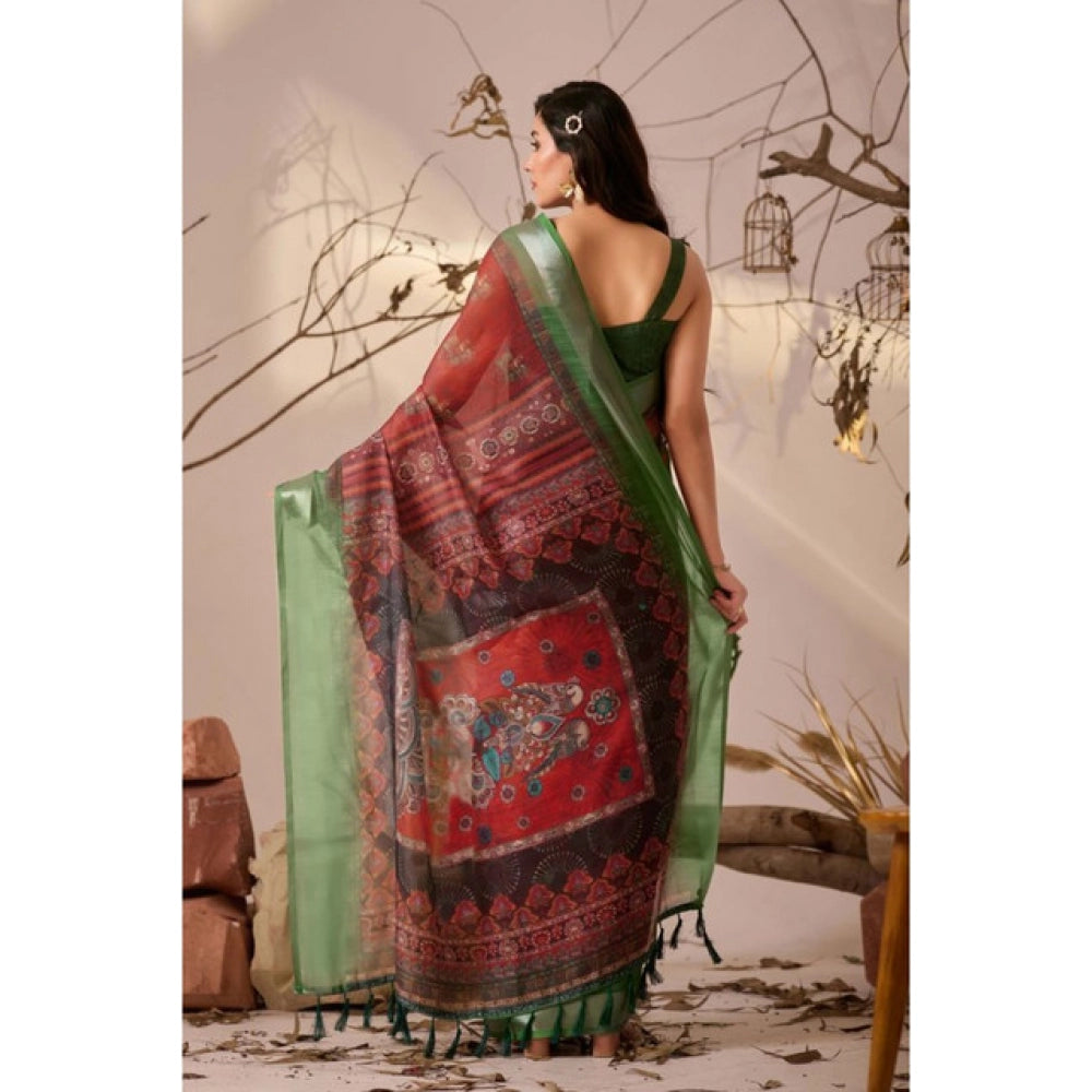 Stunning Women's Faux Linen Printed Saree With Blouse Piece