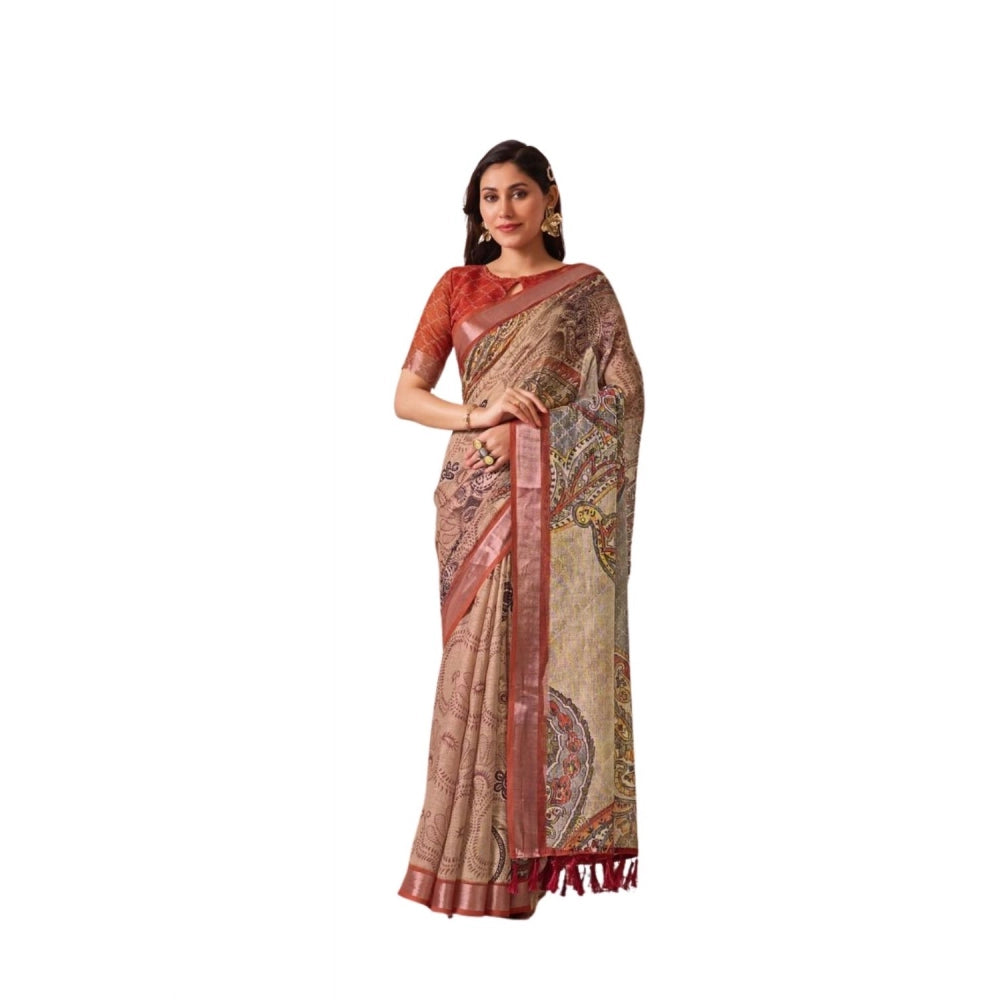 Stunning Women's Faux Linen Printed Saree With Blouse Piece