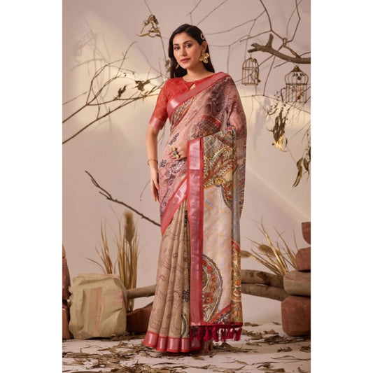 Stunning Women's Faux Linen Printed Saree With Blouse Piece