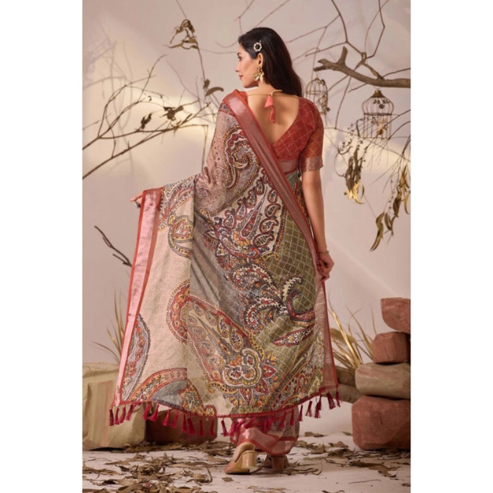 Stunning Women's Faux Linen Printed Saree With Blouse Piece