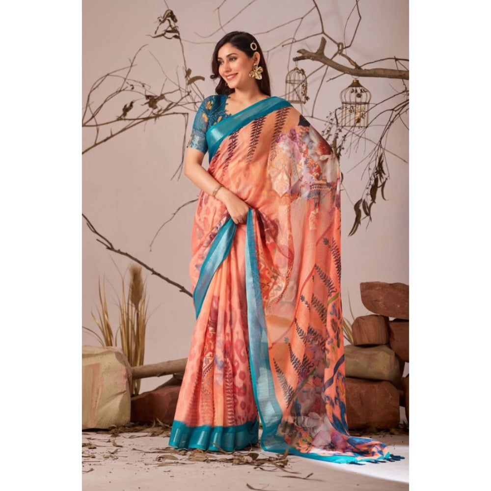 Stunning Women's Faux Linen Printed Saree With Blouse Piece