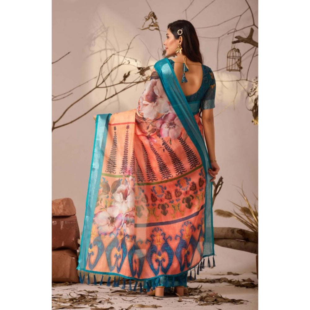 Stunning Women's Faux Linen Printed Saree With Blouse Piece