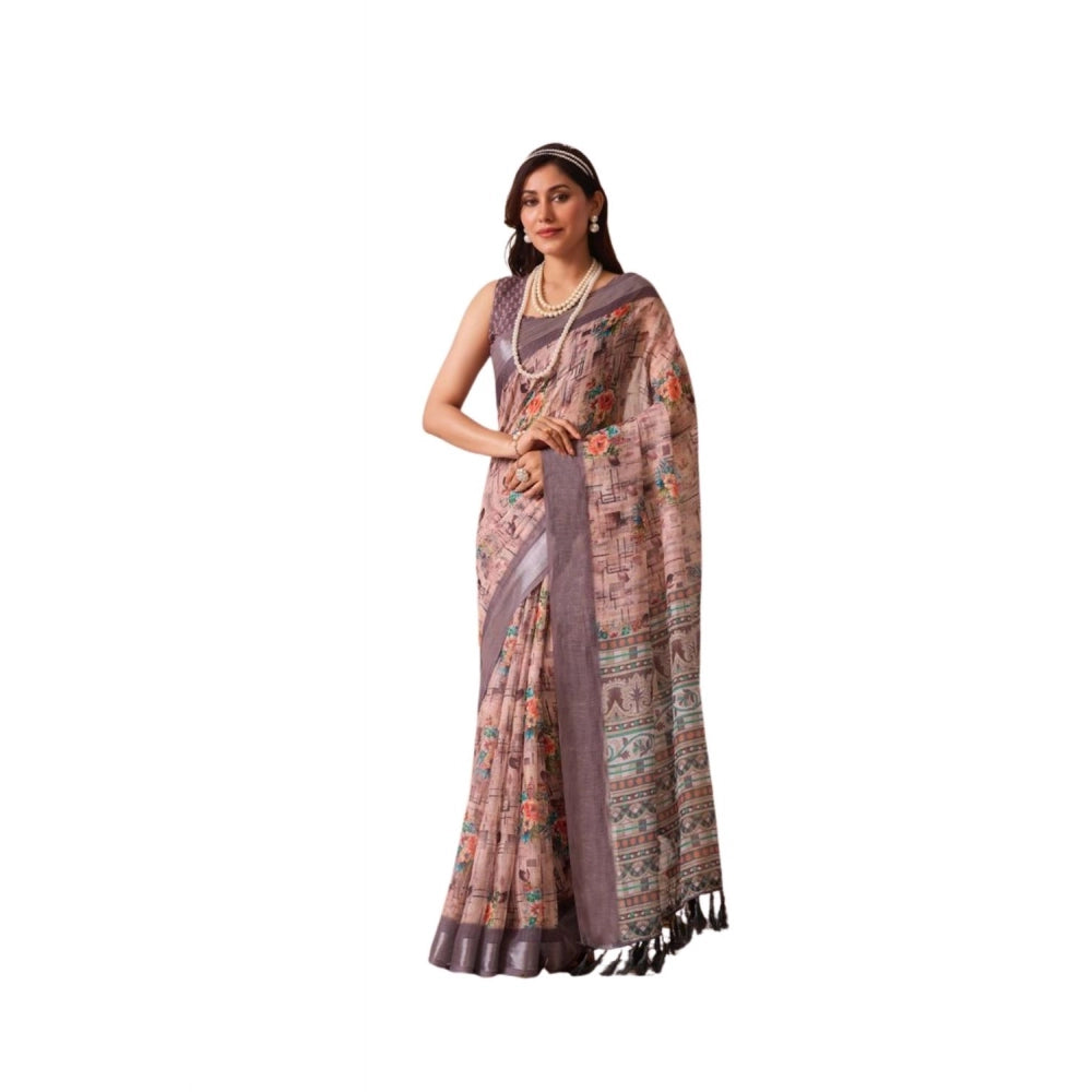 Beautiful Women's Faux Linen Printed Saree With Blouse Piece