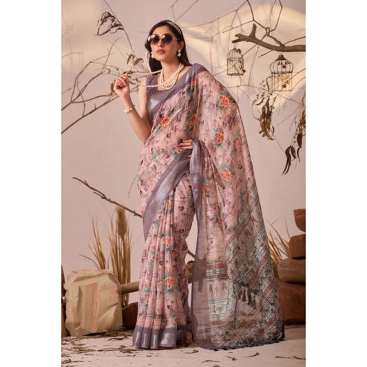 Beautiful Women's Faux Linen Printed Saree With Blouse Piece