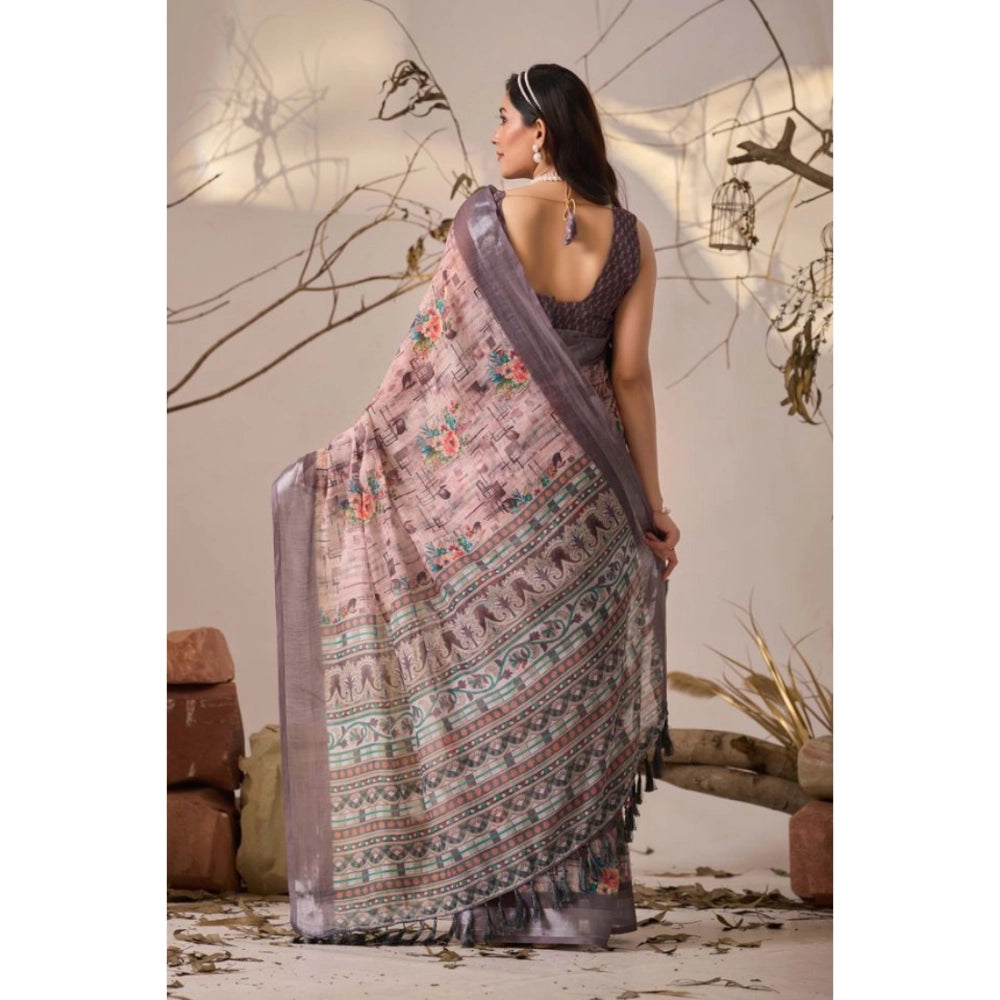 Beautiful Women's Faux Linen Printed Saree With Blouse Piece