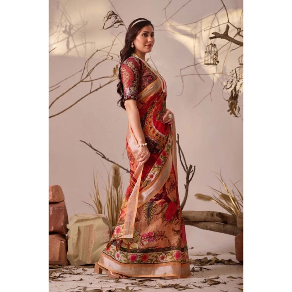 Beautiful Women's Faux Linen Printed Saree With Blouse Piece
