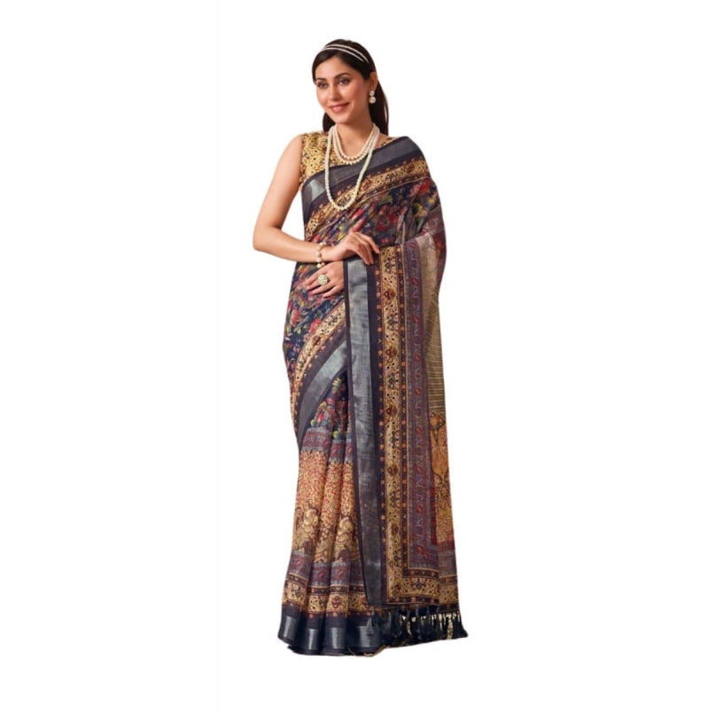Beautiful Women's Faux Linen Printed Saree With Blouse Piece